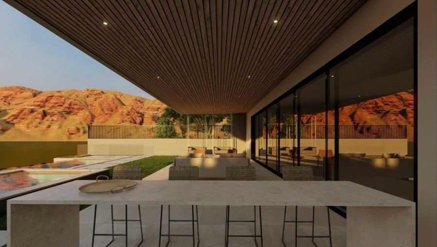 Rendering: covered outdoor kitchen with red-rock views