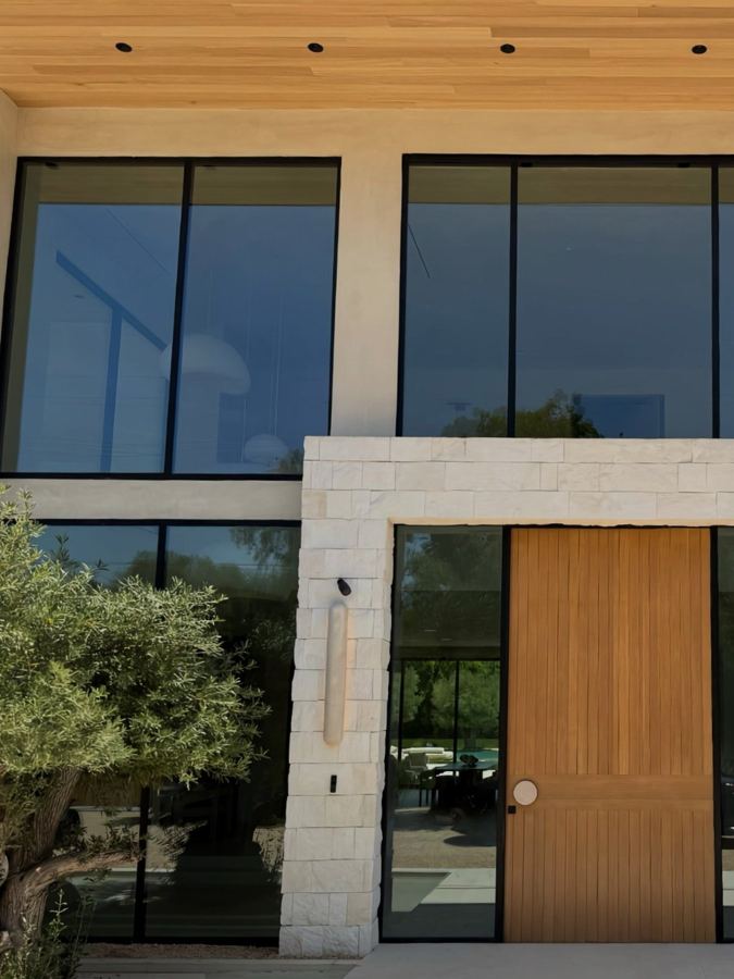 Front elevation, limestone and glass